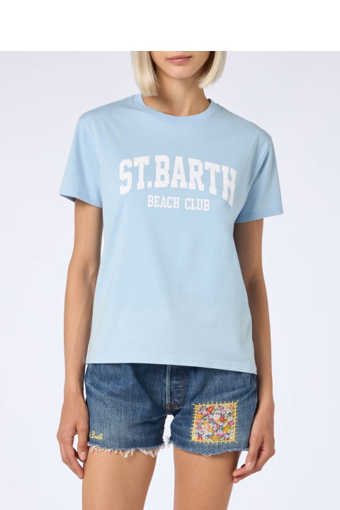 Homeware MC2 Saint Barth Woman Cotton Jersey Crewneck T-shirt Emilie With St Barth Beach Club Print