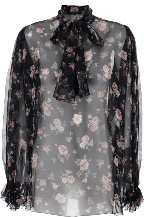 Homeware Dolce & Gabbana Black Blouse With Knot In Front And Floral Print In Chiffon Woman
