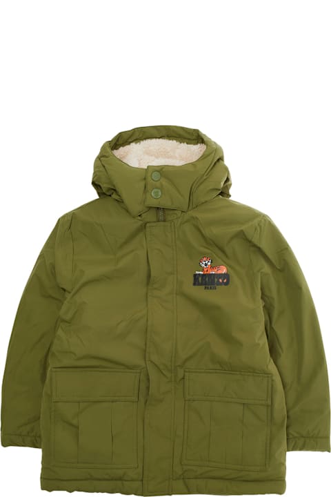 Kenzo Kids for Women Kenzo Kids Green Coat With Fixed Hood And Logo Printed On The Front In Tech Fabric Boy