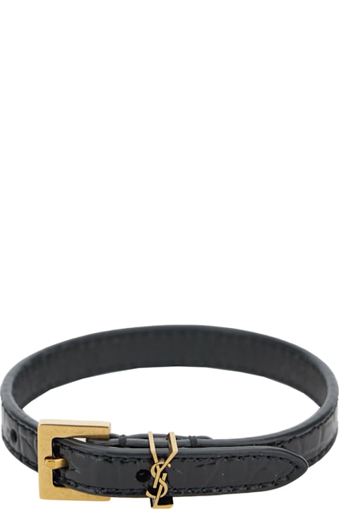 ウィメンズ Saint Laurentのジュエリー Saint Laurent 'cassandre' Black Belt Bracelet In Croco Printed Leather Woman