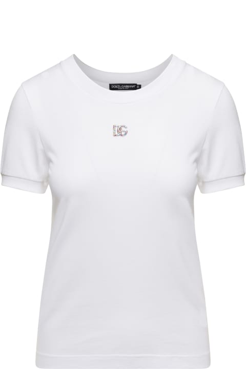 White Crewneck T-shirt With Embellished 3d Logo In Cotton Woman Dolce & Gabbana
