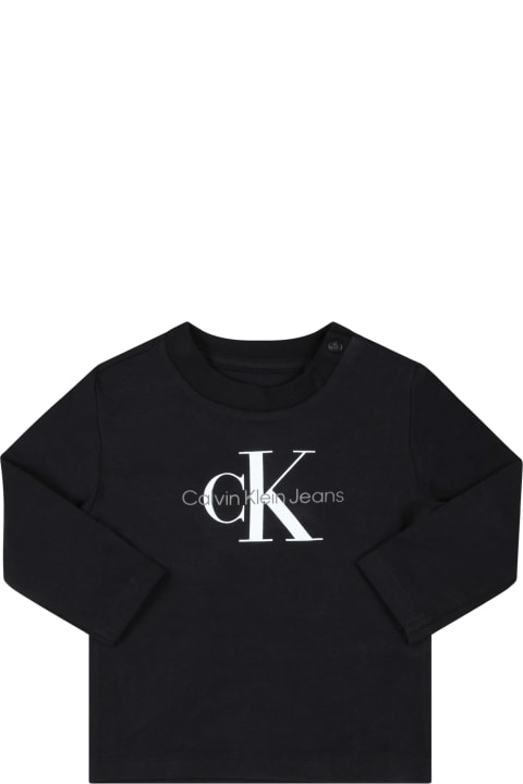 Black T-shirt For Babykids With Gray And White Logo