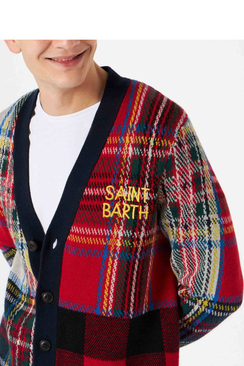 MC2 Saint Barth Sweaters for Men MC2 Saint Barth Man Tartan Knitted Cardigan With Saint Barth Embroidery