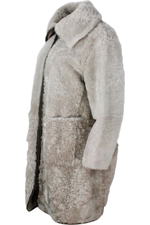 Brunello Cucinelli Women Brunello Cucinelli Long Coat In Precious And Refined Shearling Sheepskin With Zip Closure Embellished With Rows Of Brilliant Jewels And With Front Pockets