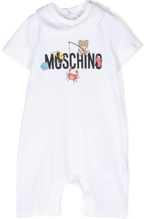 キッズ新着アイテム Moschino Short White Playsuit With Logo And Teddy Bear With Fish