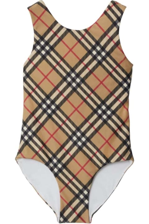 Swimwear for Girls Burberry Beige One-piece Swimsuit With Check Motif In Stretch Polyamide Girl