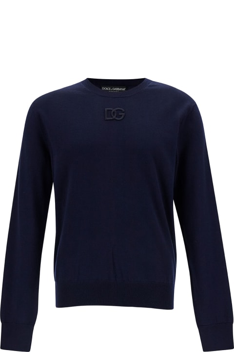 Dolce & Gabbana Men Dolce & Gabbana Blue Crewneck Sweater With Tonal Logo Embroidery In Wool Man