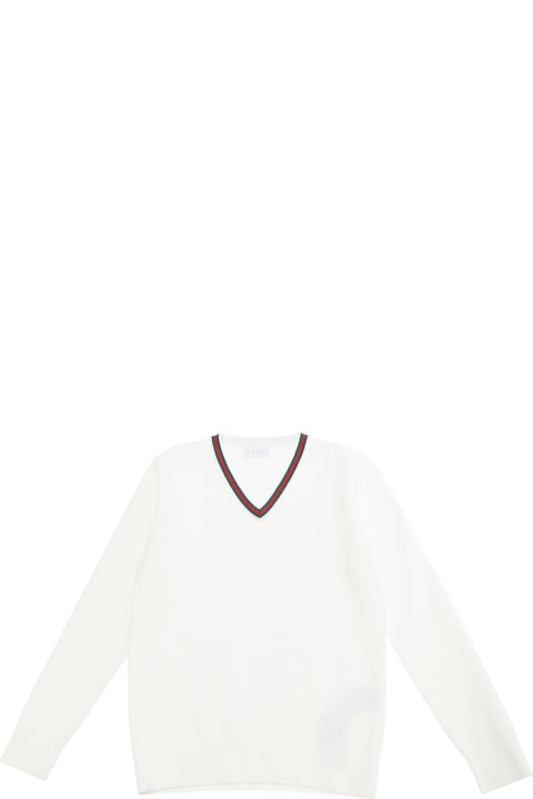 Gucci White T-shirt Wti Web V Neck And Embroidery In Cotton Boy