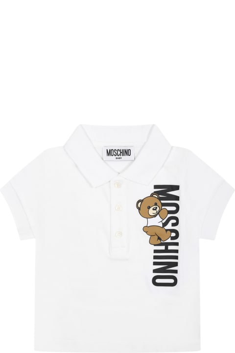 Moschino for Kids Moschino White Polo Shirt For Baby Boy With Teddy Bear And Logo