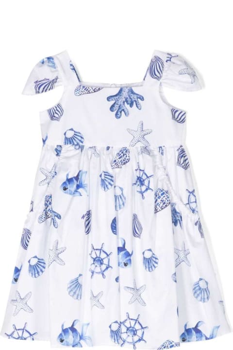 Monnalisa for Kids Monnalisa White And Blue Dress With Straps And Marine Print In Cotton Girl