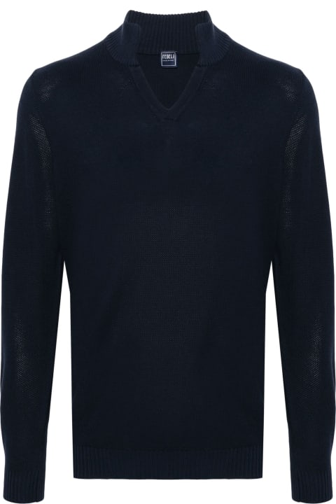 Fedeli Sweaters for Men Fedeli Navy Blue Cotton Polo Shirt