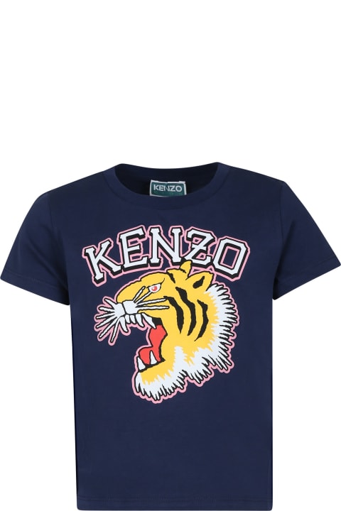 ウィメンズ新着アイテム Kenzo Kids Blue T-shirt For Girl With Iconic Tiger And Logo