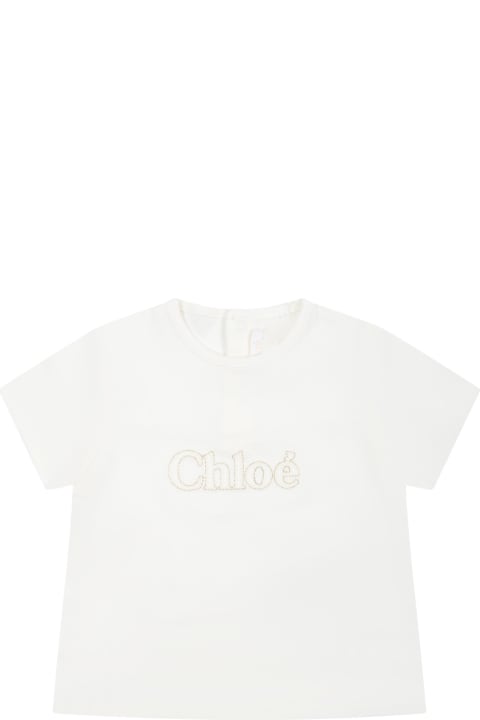 ベビーボーイズ トップス Chloé White T-shirt For Baby Girl With Logo