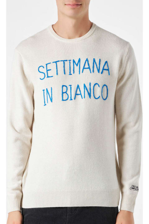 Homeware MC2 Saint Barth Man White Sweater With Settimana In Bianco Embroidery