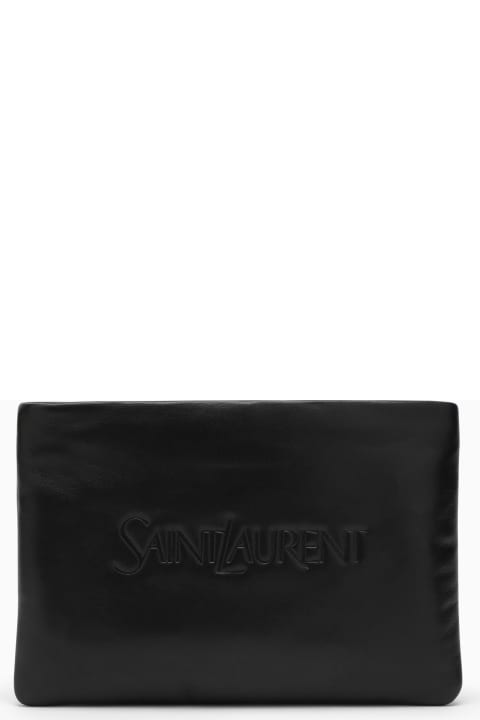 Black Padded Leather Clutch Bag With Logo