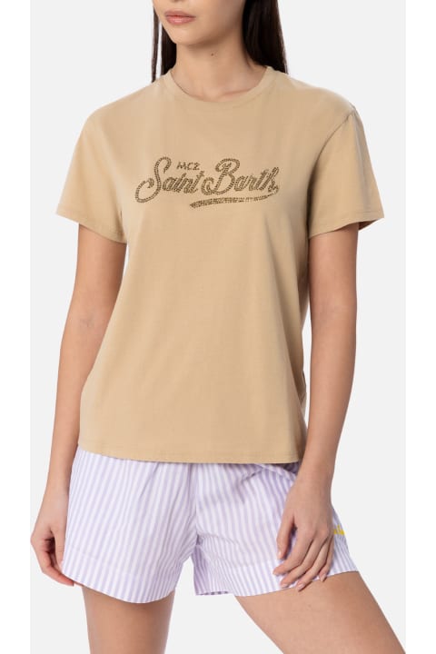 أدوات منزلية MC2 Saint Barth Woman Cotton Jersey Crewneck T-shirt Emilie With Saint Barth Rhinestones Embroidery