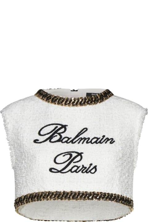 Balmain Clothing for Women Balmain Signature Embrdrd Tweed Crop Top