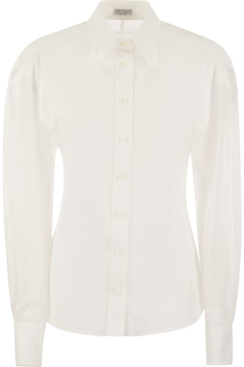 Clothing for Women Brunello Cucinelli Stretch Cotton Poplin Shirt With Cotton Organza Sleeves And Necklace
