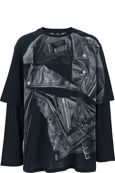Balmain ملابس علوية لـ القسم الرجالي Balmain Leather Trompe L' Il Ls T-shirt