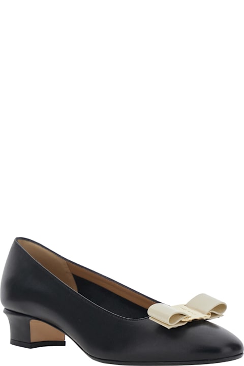 Ferragamo لـ Kids Ferragamo 'vara 2.0' Black Pumps With Low Block Heel And Logo Plaque On The Front In Leather Woman