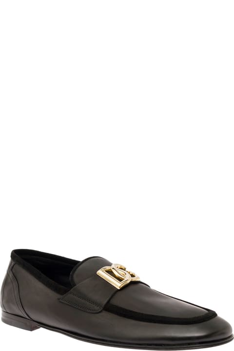 Black Loafers With Interlocking Dg Logo Placque In Leather Man