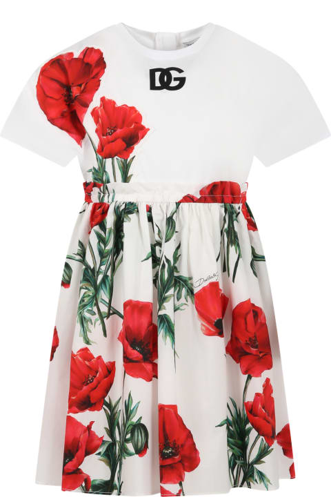 White Dress For Girl With Poppies Print And Logo