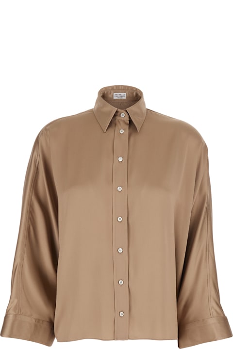 Brunello Cucinelli for Kids Brunello Cucinelli Beige Silk Blouse With Long Bell Sleeves And Classic Collar Woman