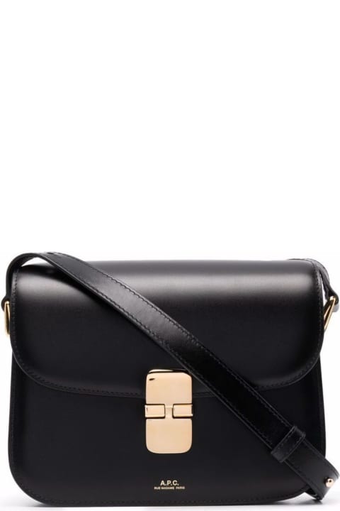 A.P.C. Shoulder Bags for Women A.P.C. Black Bag In Genuine Leather With Gold Color Engraved Logo And Adjustable Shoulder Strap