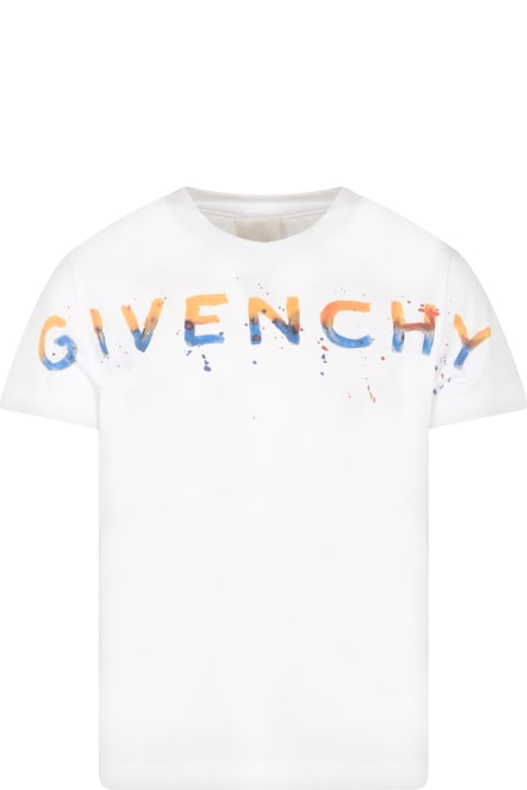 White T-shirt For Boy With Multicolor Logo