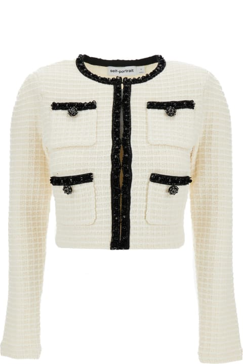 self-portrait Sweaters for Women self-portrait White Crop Cardigan With Beads In Tweed Woman