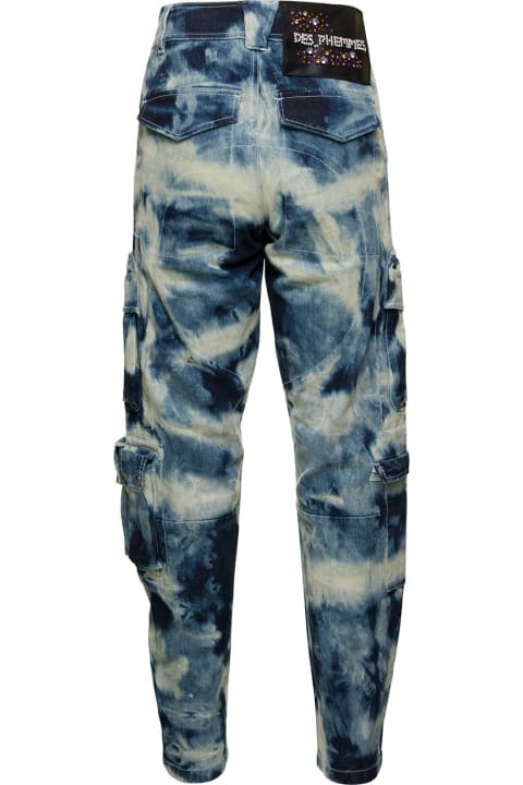 Light Blue And White Cargo Jeans With All-over Motif In Cotton Denim Woman