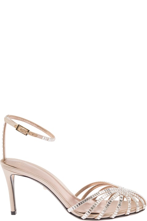 'penelope' Beige Sandals With Rhinestone Embellishment And Stiletto Heel In Leather And Silk Woman