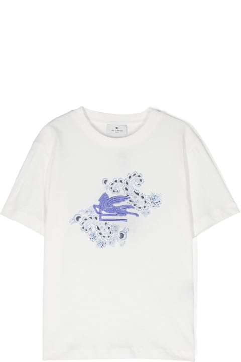 Topwear for Girls Etro White T-shirt With Light Blue Pegasus Motif