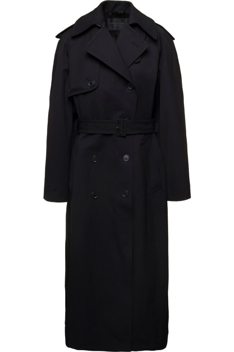 Black Double-breasted Trench Coat With Belt In Wool And Cotton Woman