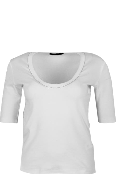 Fabiana Filippi for Women Fabiana Filippi Ribbed Cotton T-shirt With U-neck, Elbow-length Sleeves Embellished With Rows Of Monili On The Neck And Sides