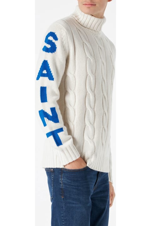 Homeware MC2 Saint Barth Man Turtleneck Braided Sweater With Saint Moritz Print