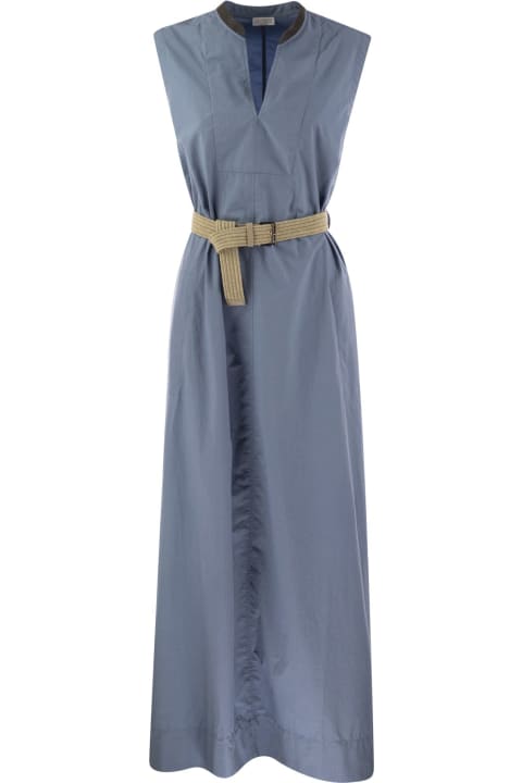 ウィメンズ Brunello Cucinelliのワンピース＆ドレス Brunello Cucinelli Wrinkled Light Cotton Poplin Dress With Raffia Belt And Precious Neckline