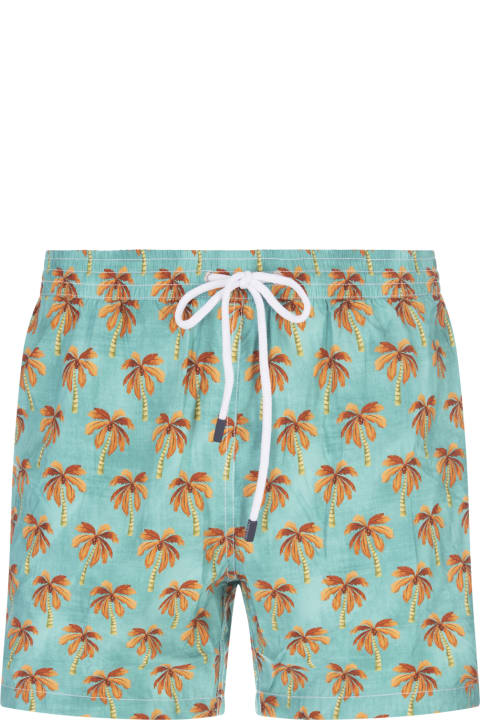 Swimwear for Men Barba Napoli Aquamarine Swim Shorts With Palm Pattern