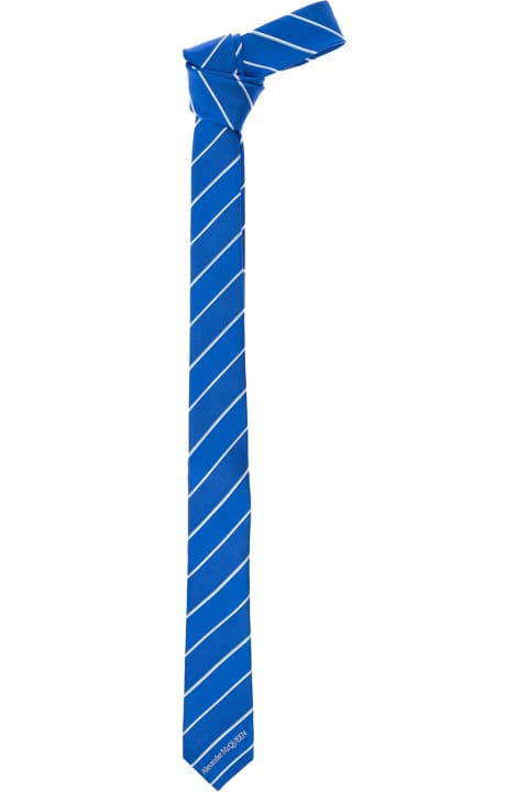 Alexander Mcqueen Man's Striped Blue Silk Tie