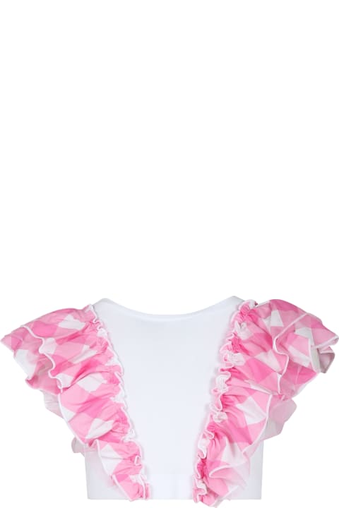 T-Shirts & Polo Shirts for Girls Monnalisa White Crop T-shirt For Girl With Vichy Print And Tulle