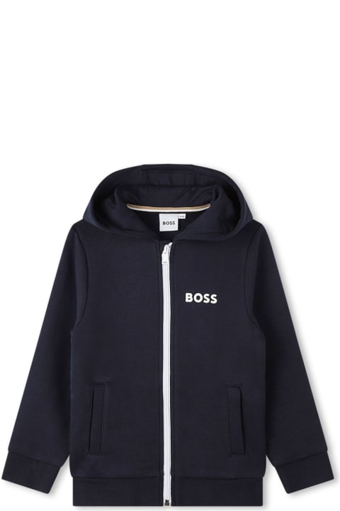 Sweaters & Sweatshirts for Boys Hugo Boss Hugo Boss Felpa Blu Navy In Misto Cotone Con Cappuccio Bambino