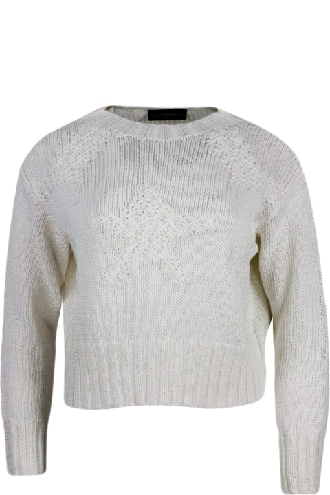 ウィメンズ Lorena Antoniazziのニットウェア Lorena Antoniazzi Long-sleeved Crew-neck Sweater In Cotton With Refined Star Work On The Front