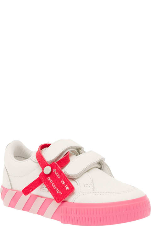 White Low Top Velcro Sneakers With Zip Tie Logo Detail In Leather Girl
