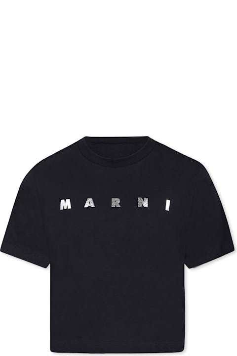 Marni for Kids Marni Blue Crop T-shirt For Girl With Metallic Silver Logo
