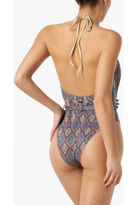 Fashion for Men MC2 Saint Barth Woman One Piece Knitted Swimsuit With Ethnic Print