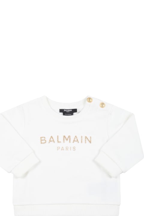 White Sweatshirt For Baby Girl With Golden Logo