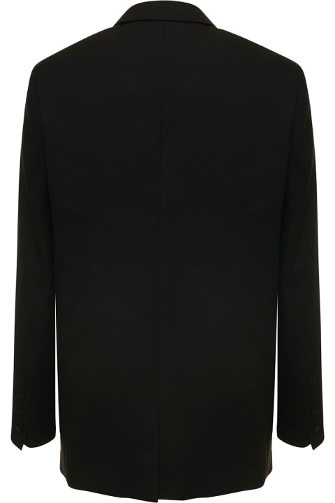 Black Double-breasted Blazer With Satin Peak Lapels  In Wool Man
