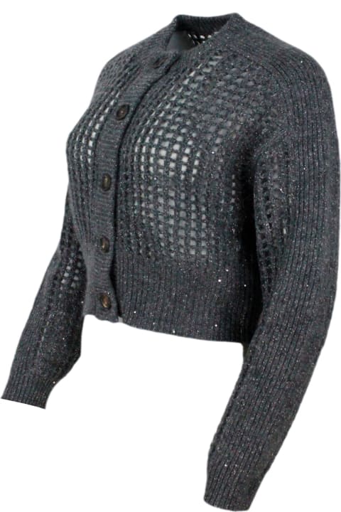 Brunello Cucinelli Clothing for Women Brunello Cucinelli Long-sleeved Mesh Cardigan Sweater In Fine Wool, Cashmere And Mohair Embellished With Lamè Yarn For Shiny Reflections. Slightly Cropped Cut