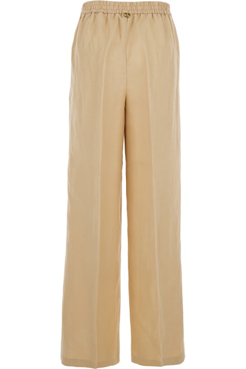 Homeware TwinSet Beige Palazzo Pants With Elastic Waist And Logo Plaque On The Back In Wool Blend Woman