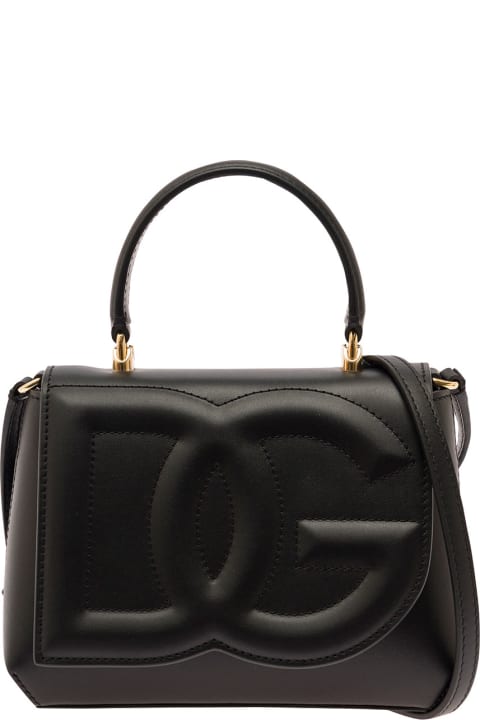 'top Handle Dg' Black Handbag With Logo Detail In Metallic Leather Woman